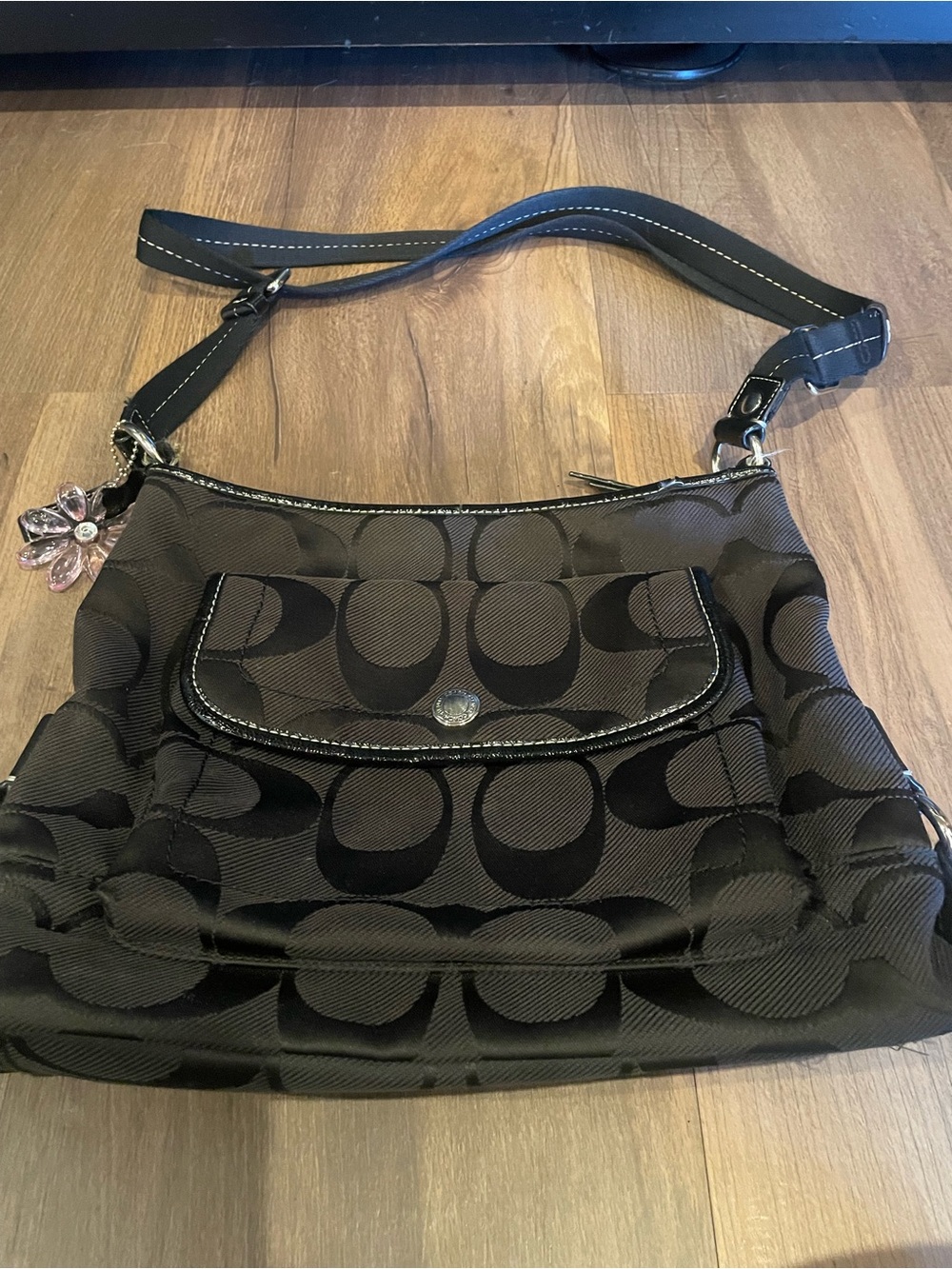 Coach Black Signature Jacquard Shoulder Bag with Floral Charm